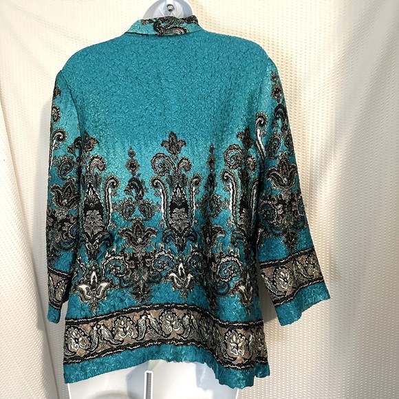 Vintage 1980s Joni B Turquoise Crinkle Silky Big Button Disco Collar Blouse Sz L - Picture 4 of 5